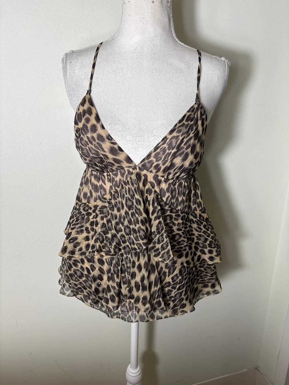 Rebecca Taylor Tan Gray Cheetah Print Spaghetti Strap Silk Top Sz 4